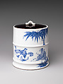 Water Jar (Mizusashi) with the Seven Sages of the Bamboo Grove, Porcelain painted with cobalt blue under a transparent glaze; lacquer cover with porcelain knob (Hirado ware), Japan