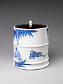 Water Jar (Mizusashi) with the Seven Sages of the Bamboo Grove, Porcelain painted with cobalt blue under a transparent glaze; lacquer cover with porcelain knob (Hirado ware), Japan