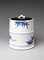 Water Jar (Mizusashi) with the Seven Sages of the Bamboo Grove, Porcelain painted with cobalt blue under a transparent glaze; lacquer cover with porcelain knob (Hirado ware), Japan