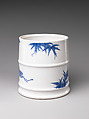 Water Jar (Mizusashi) with the Seven Sages of the Bamboo Grove, Porcelain painted with cobalt blue under a transparent glaze; lacquer cover with porcelain knob (Hirado ware), Japan