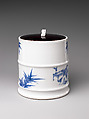 Water Jar (Mizusashi) with the Seven Sages of the Bamboo Grove, Porcelain painted with cobalt blue under a transparent glaze; lacquer cover with porcelain knob (Hirado ware), Japan