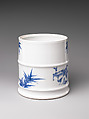 Water Jar (Mizusashi) with the Seven Sages of the Bamboo Grove, Porcelain painted with cobalt blue under a transparent glaze; lacquer cover with porcelain knob (Hirado ware), Japan