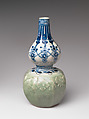 Gourd-shaped Bottle with Jewel String and Molded Floral Design, Porcelain with celadon glaze and underglaze cobalt-blue decoration (Nabeshima ware), Japan