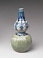 Gourd-shaped Bottle with Jewel String and Molded Floral Design, Porcelain with celadon glaze and underglaze cobalt-blue decoration (Nabeshima ware), Japan