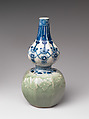 Gourd-shaped Bottle with Jewel String and Molded Floral Design, Porcelain with celadon glaze and underglaze cobalt-blue decoration (Nabeshima ware), Japan