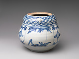Water jar, Porcelaneous stoneware painted in underglaze blue, with applied decoration (Arita ware, Imari type), Japan