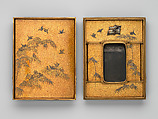 Writing Box (Suzuribako) in the Shape of a Piece of Bamboo, Lacquered wood with black takamaki-e on black lacquer ground (kuromaki-e), Japan