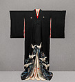 Wedding ensemble with cranes, pines, and rising-cloud patterns, Crepe silk with resist-dyed patterns and gold-and-silk thread embroidery, Japan
