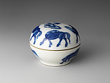 Seal paste box with eight horses, Porcelain painted in underglaze cobalt blue (Jingdezhen ware), China