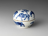 Seal paste box with eight horses, Porcelain painted in underglaze cobalt blue (Jingdezhen ware), China