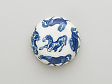 Seal paste box with eight horses, Porcelain painted in underglaze cobalt blue (Jingdezhen ware), China