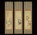 Daoist Immortal Liu Hai and Peonies
, Sō Shiseki  Japanese, Triptych of hanging scrolls; ink and color on silk, Japan