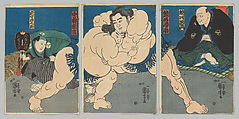 Sumo Wrestlers Kagamiiwa Hamanosuke and Koyanagi Tsunekichi, with Judge Sakaigawa Namiemon and Referee Shikimori Kiichirō, Utagawa Kuniyoshi Japanese, Woodblock print (nishiki-e); ink and color on paper, Japan