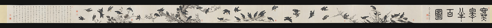 Crested Mynahs, (Morimoto) Itsuzan Mokuin Japanese, Handscroll: ink and color on paper, Japan