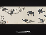 Crested Mynahs, (Morimoto) Itsuzan Mokuin (Japanese, 1702–1778), Handscroll: ink and color on paper, Japan