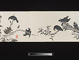 Crested Mynahs, (Morimoto) Itsuzan Mokuin (Japanese, 1702–1778), Handscroll: ink and color on paper, Japan