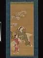 Woman Binding Her Hair and Attendant under Flowering Cherry Tree, Miyagawa Chōshun  Japanese, Hanging scroll; ink and color on silk, Japan