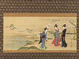 Three Beauties Viewing Cherry Blossoms, Chōbunsai Eishi  Japanese, Hanging scroll; ink and color on silk, Japan