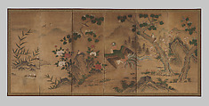 Phoenix and Peacock in a Landscape, Follower of Kano Motonobu Japanese, Pair of six-panel folding screens; ink, color, and brushed gold on paper, Japan