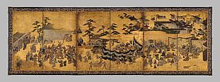 Amusements at Kitano Shrine
, Studio of Kano Takanobu Japanese, Six-panel folding screen; ink, color, gold, silver, and gold leaf on paper, Japan