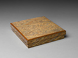 Writing Box (Suzuribako) with Chinese Lions, Peonies, and Tokugawa Family Crest, Kōami Chōjū Japanese, Lacquered wood with gold and silver takamaki-e, hiramaki-e, togidashimaki-e and cut-out gold and silver foil on nashiji and maki-e ground, Japan
