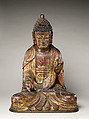 Seated Amitabha Buddha, Wood, lacquer, gilding, glass, ink on paper, Korea