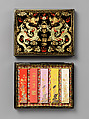 Set of pigment tablets decorated with peony, rock, and magic fungus, Pigment, lacquer box, silk lining, China