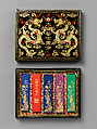 Set of pigment tablets decorated with peony, rock, and magic fungus, Pigment, lacquer box, silk lining, China