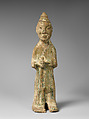 Standing Farmer holding a Pitchfork, Earthenware with green lead glaze, China