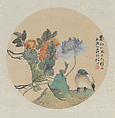 Bird on Ground Beside Two Blooming Flowers, Ren Yi (Ren Bonian) Chinese, Album leaf; ink and color on paper, China