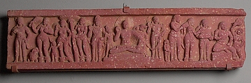 Section from a Frieze with a Seated Buddha and Attendants, Red sandstone, India