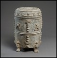 Covered footed vessel, Earthenware with applied-relief decoration under white slip, China