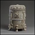 Covered footed vessel, Earthenware with applied-relief decoration under white slip, China