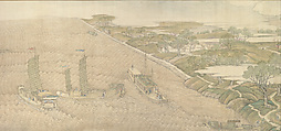 The Qianlong Emperor's Southern Inspection Tour, Scroll Four: The Confluence of the Huai and Yellow Rivers, Xu Yang (Chinese, active ca. 1750–after 1776) and workshop, Handscroll; ink and color on silk, lacquer box, China