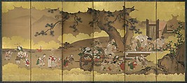 Seven Gods of Good Fortune and Chinese Children, Kano Chikanobu (Japanese, 1660–1728), Six-panel folding screen; ink, color, and gilt on paper; Reverse side: ink, color, and gold on paper, Japan