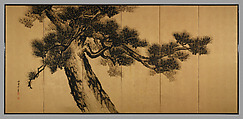 Aged Pines, Suzuki Shōnen (Japanese, 1849–1918), Pair of six-panel folding screens; ink on gold-leaf, Japan