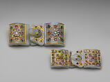 Belt buckle, Jade (nephrite) with gold, enamel, and semiprecious stone inlays, China
