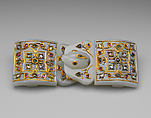 Belt buckle, Jade (nephrite) with gold, enamel, and semiprecious stone inlays, China
