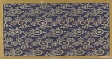 Textile fragment with repeating pattern of scattered oval medallions and diaper patterns, Silk, Japan