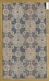 Textile fragment with repeating pattern of floral medallions in latticework on swastika-fret ground
, Silk, Japan