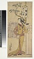 A Waitress of the Sakai-ya Teahouse Standing and Looking, Ippitsusai Bunchō  Japanese, Woodblock print; ink and color on paper, Japan