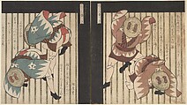 Two Men Wearing Green Coats, also Straw Hats with Brown Bows, Yashima Gakutei  Japanese, Woodblock print (surimono); ink and color on paper, Japan