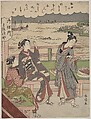 A Man and Two Women at a Teahouse at Wada no Ura Overlooking the Sea, Suzuki Harunobu Japanese, Woodblock print; ink and color on paper, Japan