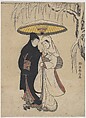 Young Lovers Walking Together under an Umbrella in a Snow Storm (Crow and Heron), Suzuki Harunobu  Japanese, Woodblock print; ink and color on paper, Japan