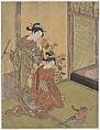Two Girls Looking at a Monkey on a Leash, Suzuki Harunobu Japanese, Woodblock print; ink and color on paper, Japan