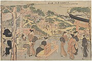 Osen of the Kagiya Teahouse at Kasamori Shrine with a View of Nippori in Yanaka, Suzuki Harunobu Japanese, Woodblock print; chuban; ink and color on paper, Japan