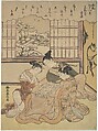 Evening Snow on Matsuchi Hilll, from the series Eight Fashionable Views of Edo (Furyu Edo hakkei), Suzuki Harunobu Japanese, Woodblock print; ink and color on paper, Japan