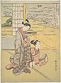 A Young Man and Woman with a Shamisen; Monk Saigyō, from a series alluding to the Three Evening Poems (Sanseki waka), Suzuki Harunobu  Japanese, Woodblock print; ink and color on paper, Japan
