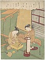 A Young Woman and Man Playing Shōgi (Japanese Chess); Chūnagon Kanesuke, from a series alluding to the Thirty-Six Poetic Immortals (Sanjūrokkasen), Suzuki Harunobu Japanese, Woodblock print; ink and color on paper, Japan