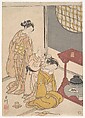 Night Rain at the Double-Shelf Stand, from the series Eight Parlor Views (Zashiki hakkei), Suzuki Harunobu Japanese, Woodblock print (first edition); ink and colors on paper, medium-sized print (chuban), Japan